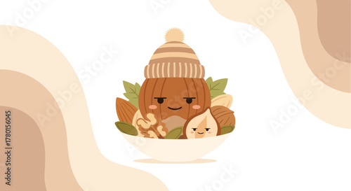 A Delightful Collection of Nuts Characters Displayed in a Charming White Bowl Setting