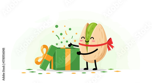 A Cheerful Pistachio Character Unveiling a Gift With Sprinkles of Delight