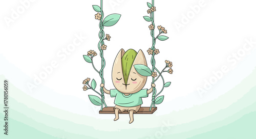A Delightful Cartoon Of A Nut Enjoying Life On A Floral Swing With Peace