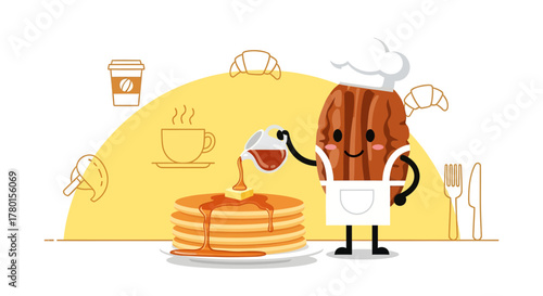 A Cheerful Nutty Character Preparing Delicious Pancakes For A Tasty Breakfast Treat
