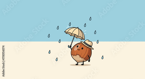 A Cheerful Nut Person Under A Charming Umbrella In The Gentle Rain Shower