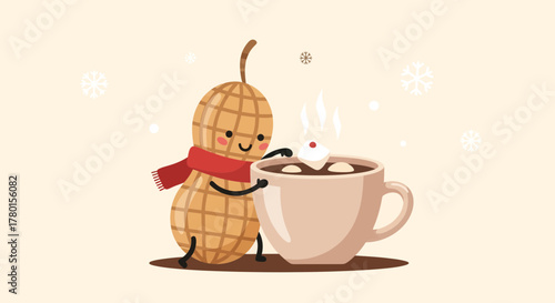 A Cheerful Peanut Character Enjoying Cozy Winter Hot Chocolate Drink Illustration