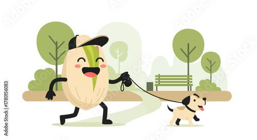 A Cheerful Pistachio Man Embarking on a Delightful Stroll With His Puppy in a Park