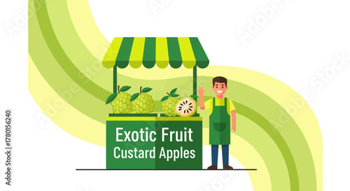 A Friendly Fruit Seller Showcasing Flavorful Custard Apples and Exotic Fruit Produce