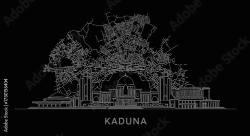 Contemporary vector illustration capturing the vibrant urban essence of Kaduna, showcasing its distinct architectural skyline and intricate street layout on a sleek dark backdrop