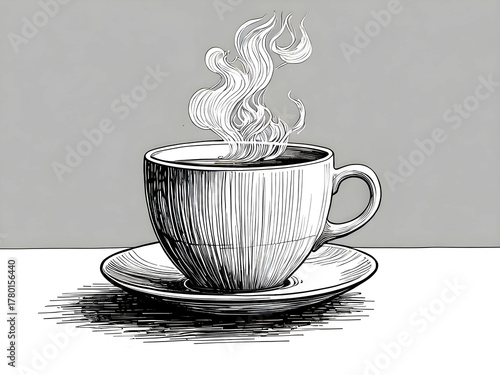 Simple black and white line art of a steaming coffee cup on a saucer. Elegant hand-drawn style with soft shading and minimalist background, perfect for posters, menus, or café design themes.