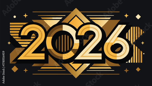 Elegant 2026 new year art deco golden design with geometric shapes