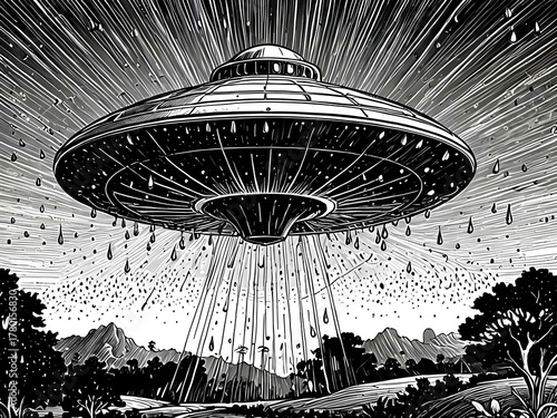 Monochrome illustration of a UFO emitting bright beams of light over a landscape. Detailed sci-fi artwork with dramatic lines and shading, ideal for posters, comics, or science fiction designs.