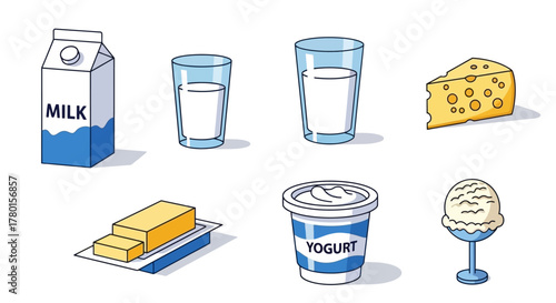 Various Dairy Products Illustration Milk, Cheese, Yogurt, Butter, Ice Cream and Glasses