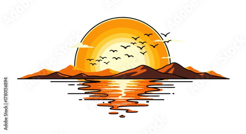 Sunset Over Mountains and Water A Scenic Illustration with Birds and Reflections