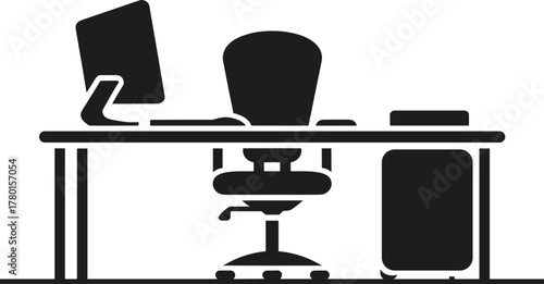 Black silhouette of a desk with computer chair and filing cabinet