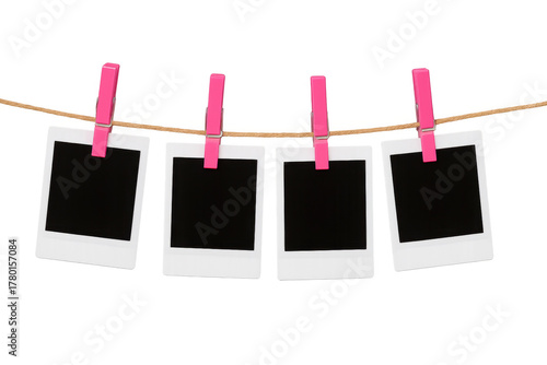 Wallpaper Mural Blank instant camera frames hanging with pink clothespins on a clothesline, ready for displaying memories, transparent background Torontodigital.ca