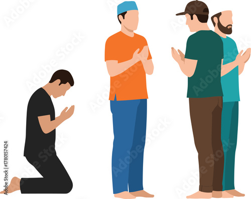 Muslim men praying vector illustration, diverse Salah postures and attire, spiritual worship moment for religion, culture, education, and design themes