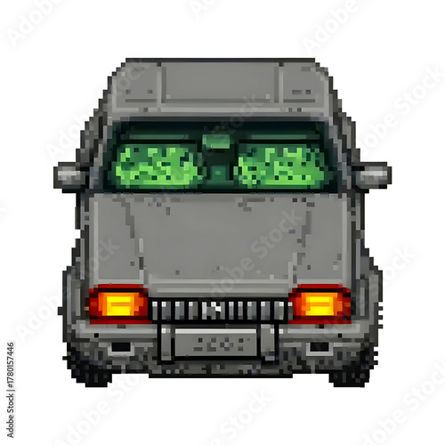 Pixel art of a gray car viewed from the front with glowing green windows and orange headlights. Retro 8-bit vehicle illustration perfect for pixel games, digital art, and vintage automotive designs.
