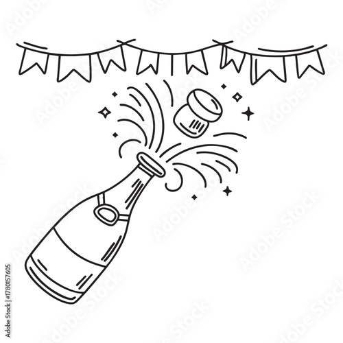 New Year champagne cork popping near a celebration banner