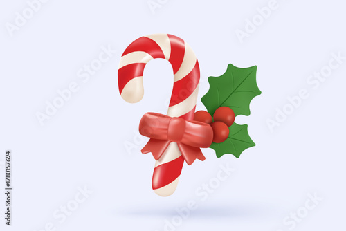 3d confetti with spiral icon signs for surprise on new year. Christmas holiday ornaments levitating. Red colours white glass candy cane, golden stars. 3d sphere glossy icon vector render illustration