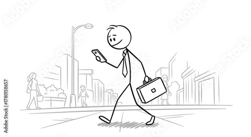 Stick figure businessman walks while looking at his phone in the city; hand drawn style.
