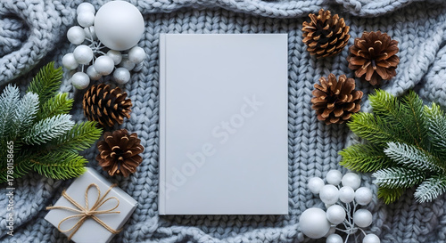 Blank white book cover mockup surrounded by Christmas ornaments fir branches and pine cones cozy flat lay template with copy space for branding product display invitation design and social media