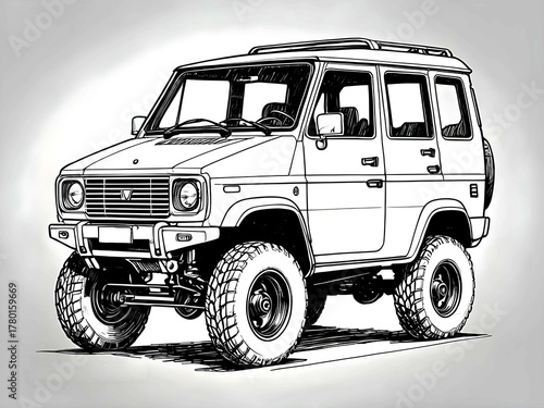 Black and white sketch of a classic off-road SUV with lifted suspension, rugged tires, and boxy design. Detailed vintage 4x4 illustration ideal for adventure, automotive art, and transportation concep
