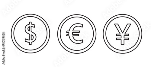 The currency symbols for the US Dollar, the Euro, and the Japanese Yen coin. Three currency symbols are depicted inside circular outlines.