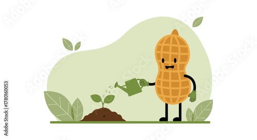A Friendly Peanut Character in Nature Nurturing a Young Plant with a Watering Can