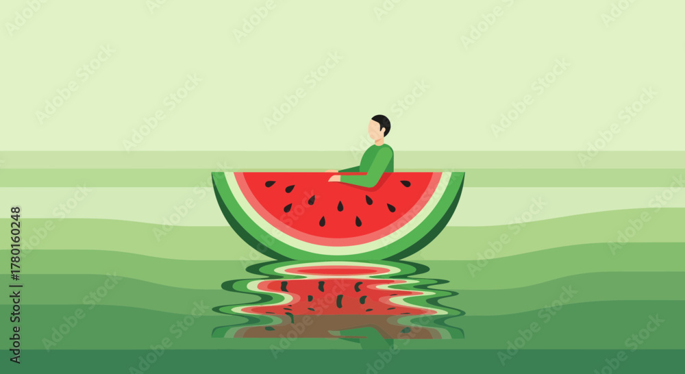 Obraz premium A Person Relaxing in a Watermelon Boat Floating in Verdant Waters of Serenity