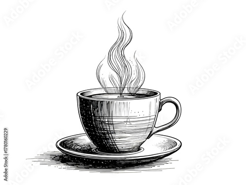 Detailed hand-drawn illustration of a steaming coffee cup on saucer. Vintage sketch style with elegant line art, perfect for café design, menu decoration, and coffee-related artwork.
