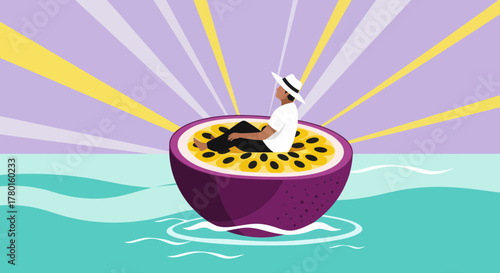 A Person Relaxing in a Passion Fruit, Artistic Concept of Exotic Summer Travel