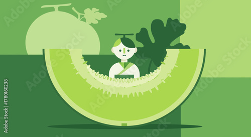 A Person Meditates Inside Of a Green Melon Slice Against a Flat Green Background
