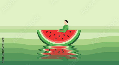 A Person Relaxing in a Watermelon Boat Floating in Verdant Waters of Serenity
