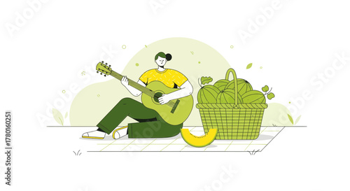 A Person Plays Guitar During a Picnic Amongst Fruits In Colorful Illustration