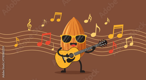 A Musical Almond: Playing Guitar with Stylized Notes and a Brown Background