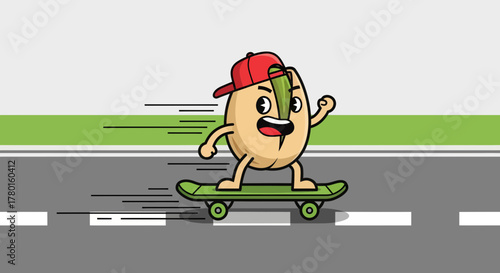 A Pistachio Character Enthusiastically Skateboarding On A Sunny Urban Road