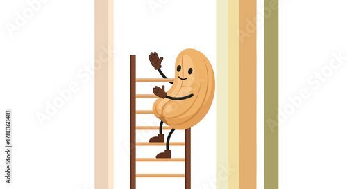 A Nutty Cashew Character Ascends a Wooden Ladder with Upbeat and Friendly Cheerfulness