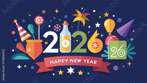 Happy new year 2026 festive celebration with party decorations