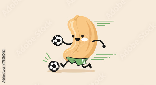 A Playful Animated Cashew Character Kicking Soccer Balls With Joyous Energy, Funny Concept