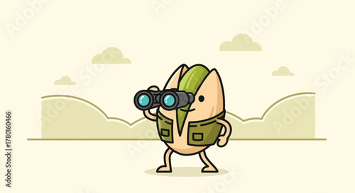 A Pistachio Character Explores the Outdoors with a Pair of Binoculars and a Smile