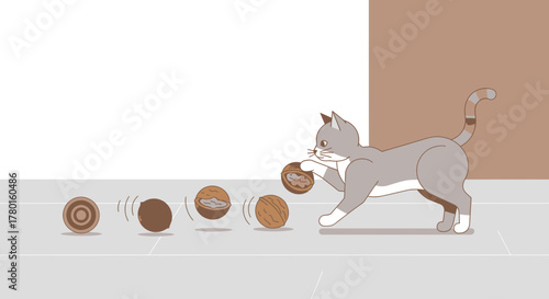 A Playful Feline Interacting With Walnuts In A Delightful And Charming Cartoon Illustration