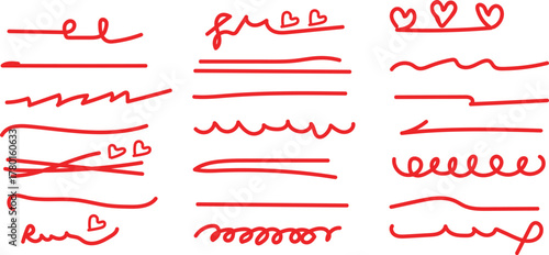 Doodle lines collection. Hand drawn red underlines, scribble brush strokes set for selecting text and emphasis, vector illustration.