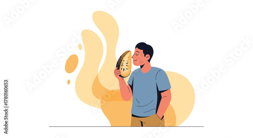 A Person Admiring and Smelling Freshly Cut Fruit While Posing with Abstract Elements