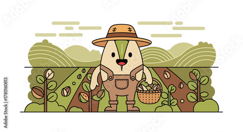 A Smiling Farmer Character Harvesting Crops in a Whimsical Cartoon Field Setting