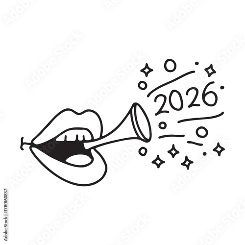 someone blows horn with confetti marked 2026