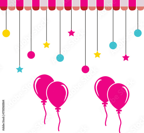 Colorful hanging decorations with stars and balls under a striped canopy design.