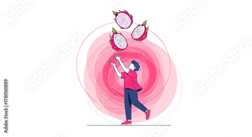 A Person Juggling Delicious Dragon Fruits in a Playful, Colorful, Vibrant Design