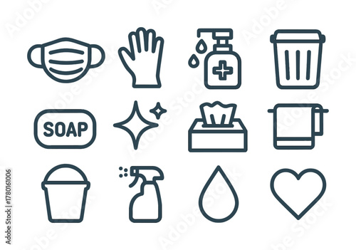 Essential hygiene icons collection: mask, gloves, soap, hand sanitizer, and cleaning supplies