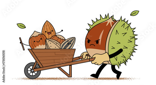 A Wheelbarrow Full Of Nuts Is Happily Pushed By A Chestnuts Against A White Background