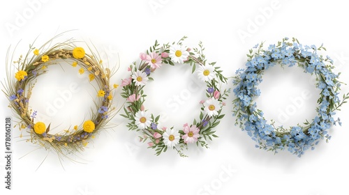 Watercolor Wildflower Wreaths with Daisies and Pink Blooms on White Background