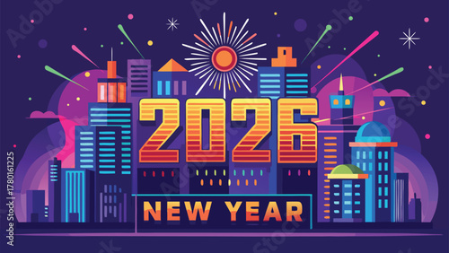 2026 new year city skyline celebration fireworks illustration
