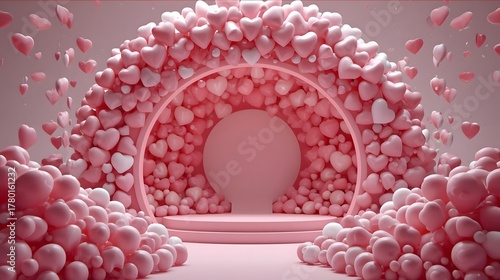 Whimsical Valentine's Day Stage Decor with Pink Heart Balloons and Spheres