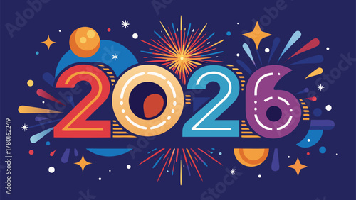 Vibrant 2026 new year festive illustration with fireworks display
